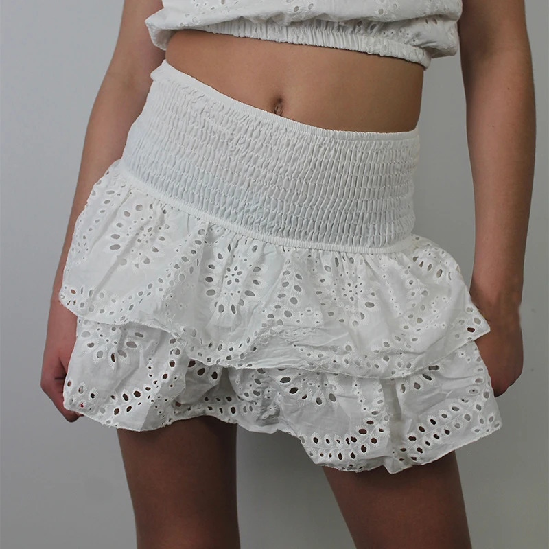 Women Y2K Ruffle Layered Hollow Mini Skirts Smocked A Line Pleated Short Skirts Teen s Boho Beach Kawaii Mini Skirts 250428