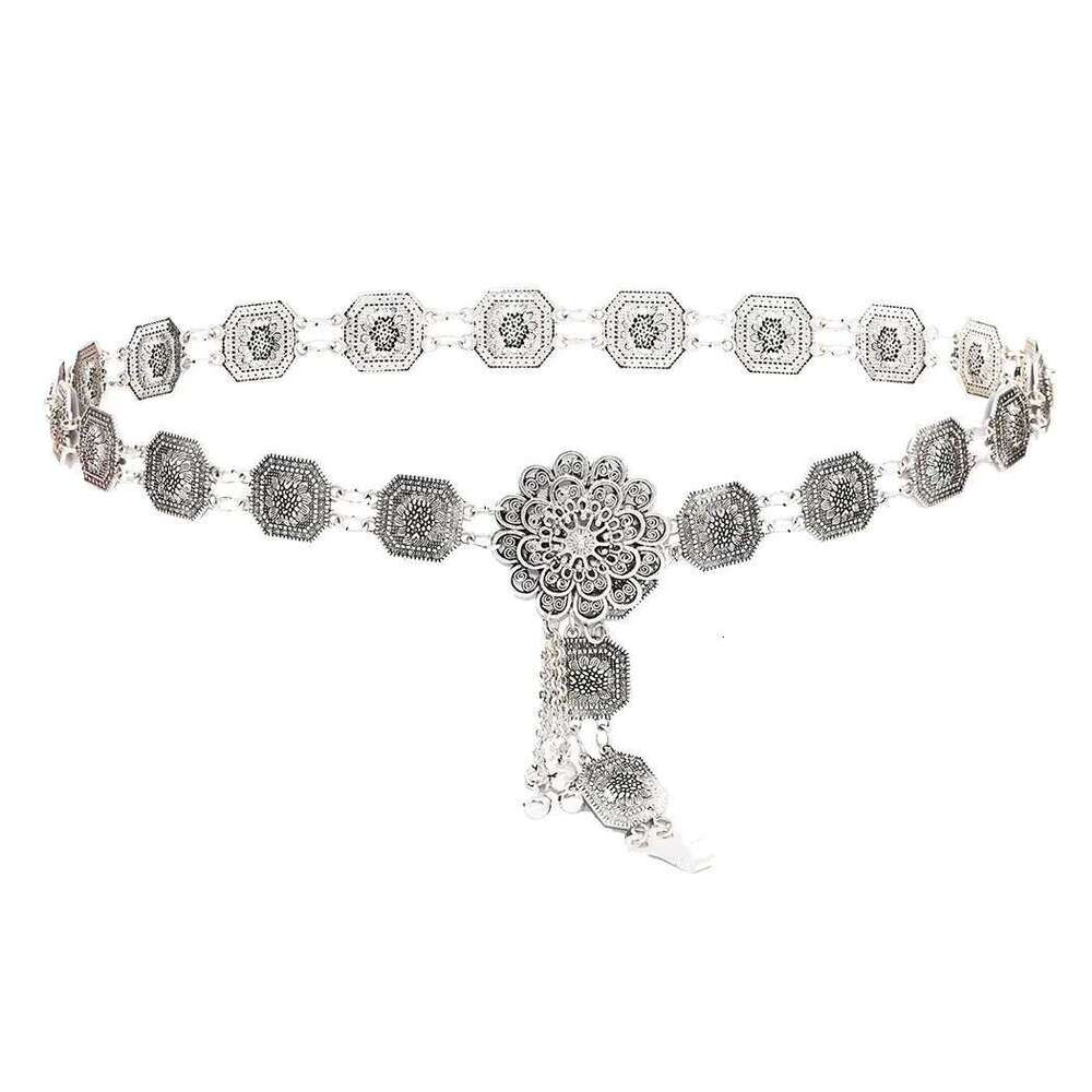 Bohemian Ethnic Style Retro Alloy Waist Square Carved Dance Chain Flower Bell Belly Summer Beach Accessories