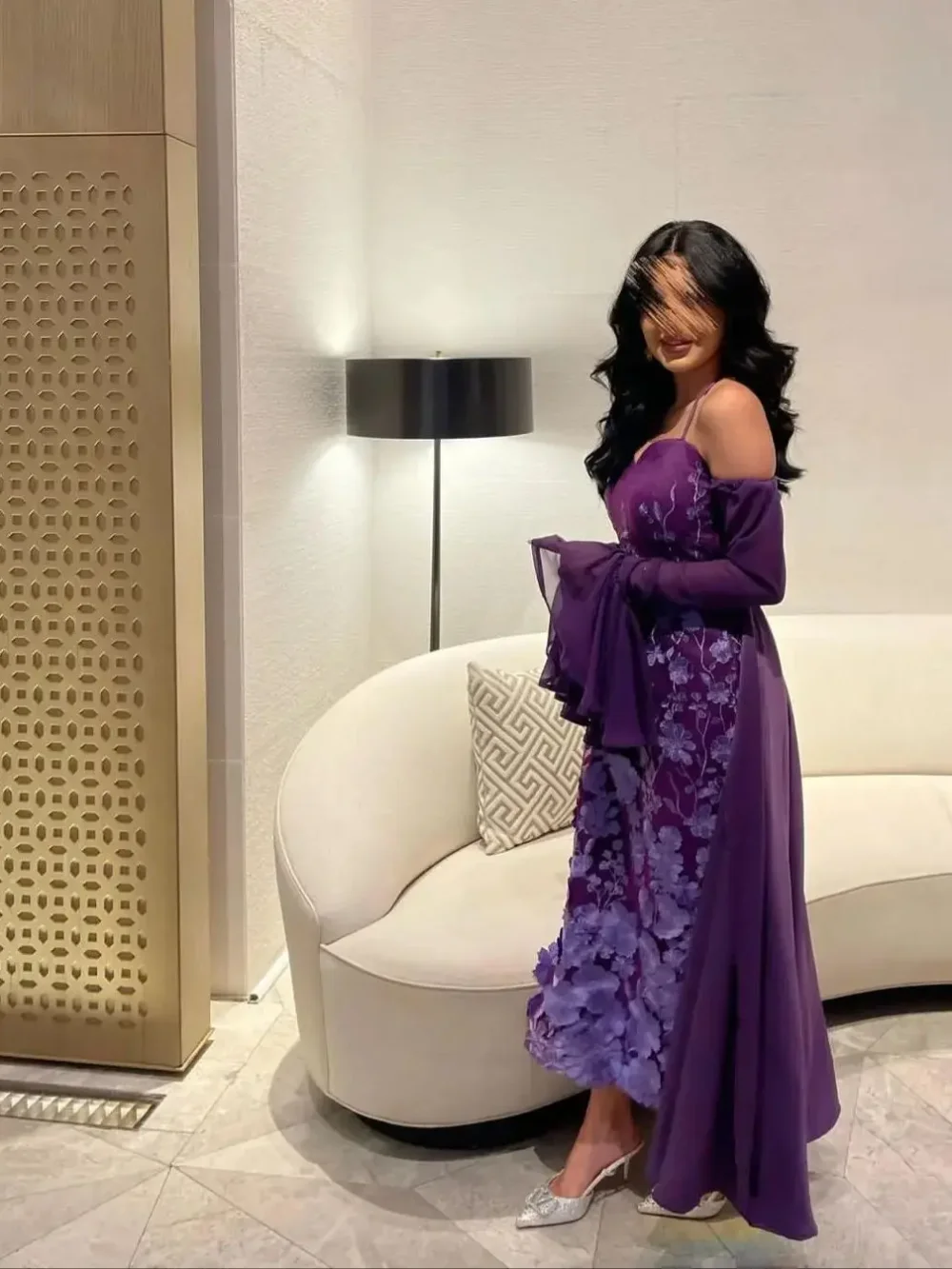 Chic Ankle Length Purple Lace Prom Dresses With Removable Flare Sleeves A-Line Birthday Party Gown 2025 Arabic Dubai Floral Special Occasion Dress