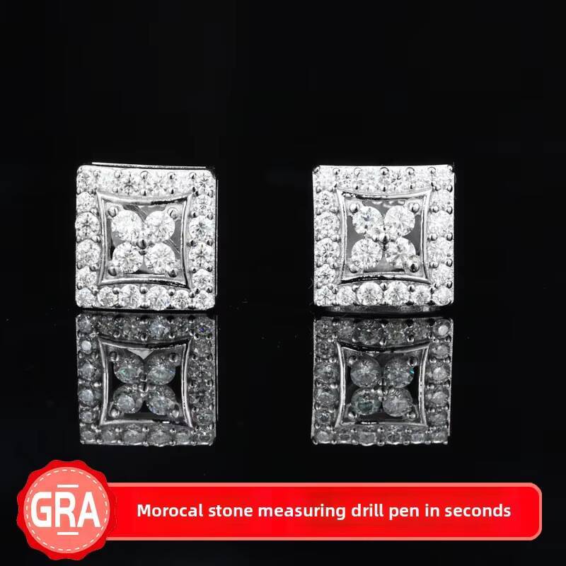 S925 Silver Moissanite Stud Earrings Simple Square Studs Hip Hop Ear Jewelry with Stock