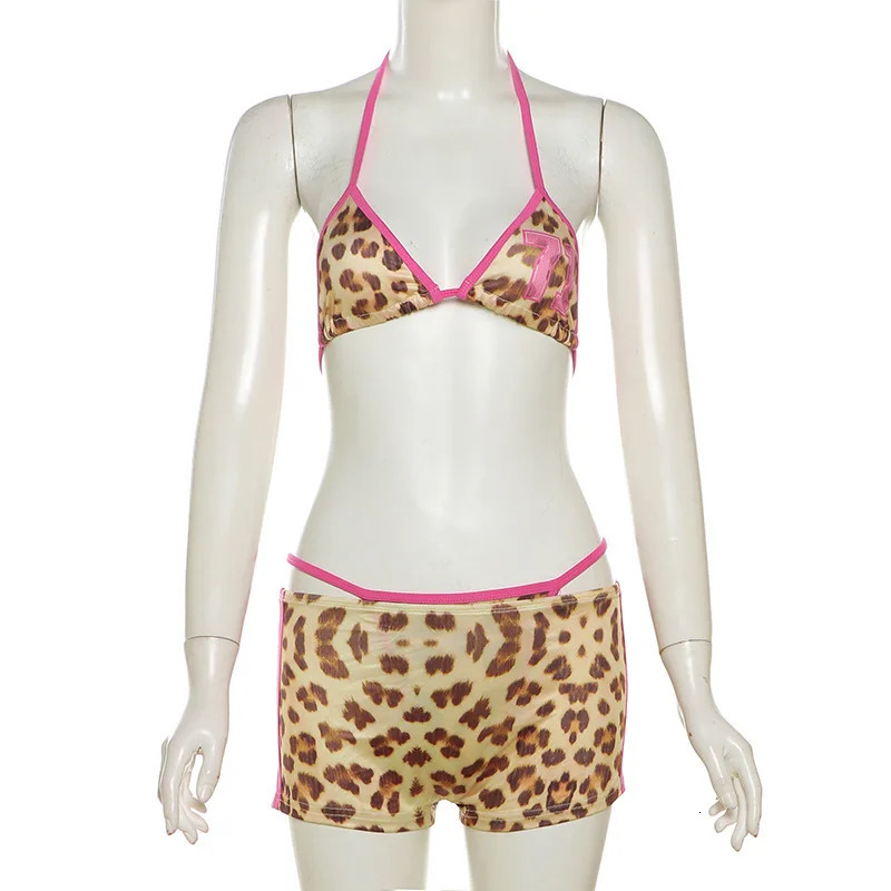 VEITCHE Summer Style Womens Vacation set Color Block Halter Leopard Print Bikini High Waist Shorts Set Beach Swimsuit 250428
