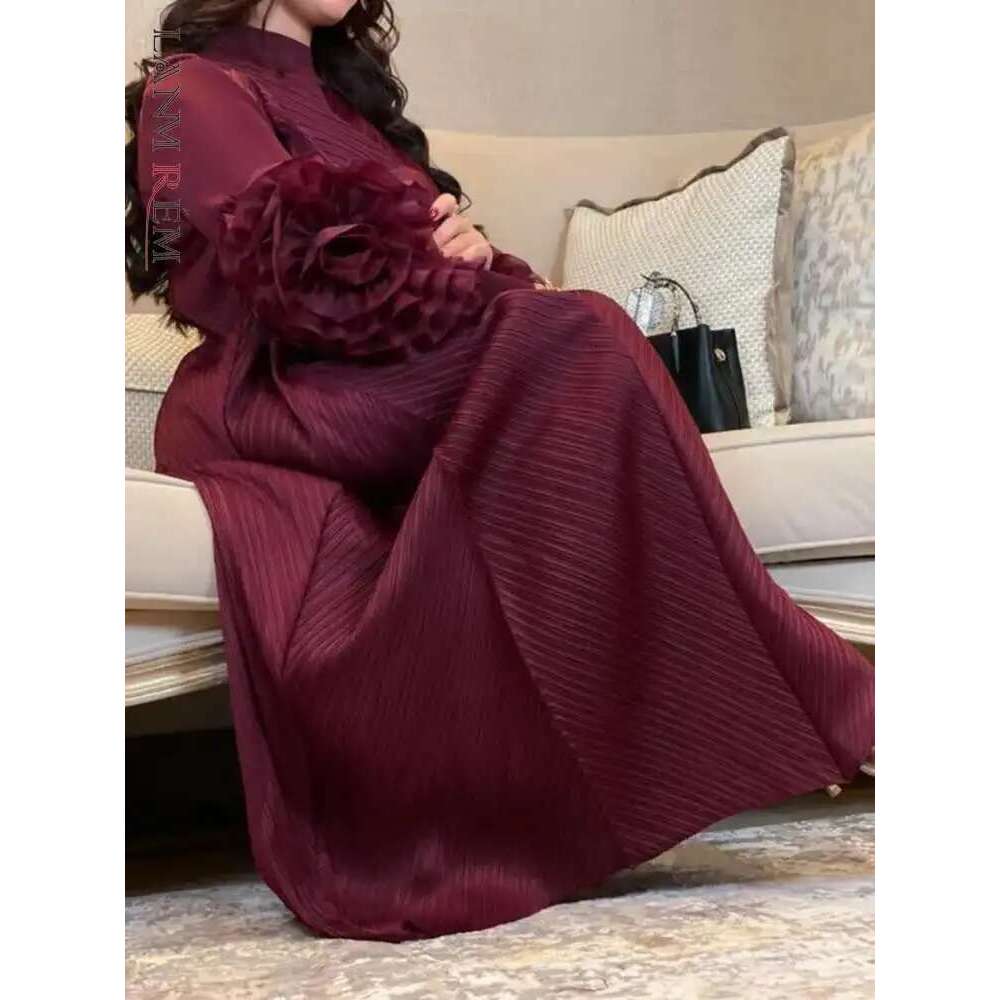 LANMREM Wine Red Pleated Dress For Women Flower Sleeves Female Evening Party Elegant Clothing Trendy New Ladies 2Db1827