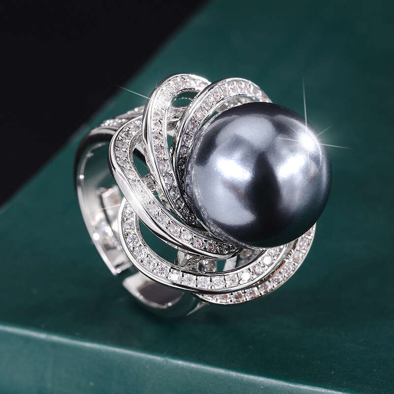 Huabi Jewelry Copper Plated True Gold With Mother Of Pearl, Lace Style, Charm, Dia Inlaid Ring, Female 14Mm