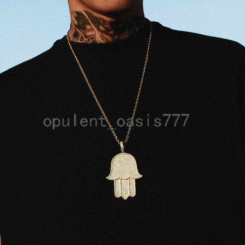 Personalized Hip Hop Jewelry Gold Plated Brass moissanite Diamond Iced Out Hamsa Hand Charm Pendants Necklace for Men
