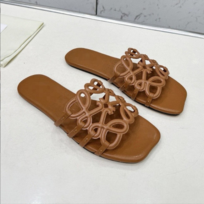 Designer Mules petal Anagram Flip Flops Leather Slides Flats Non-Slip Summer Vacation Beach Shoes For Women Casual Sandals