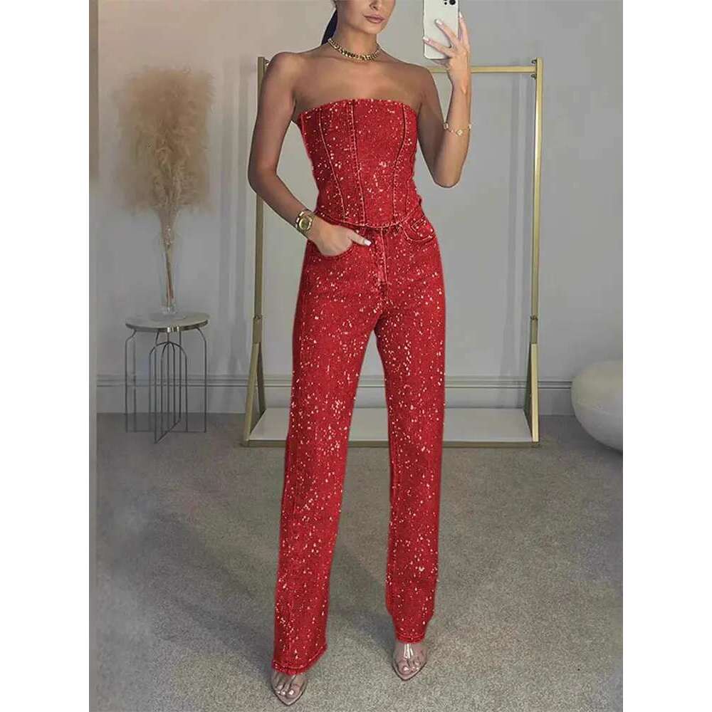 Sequin Denim Tube Crop Top Pants Set Women Sexy Solid Sleeveless Vest High Waist Zipper Jeans 2025 Fashion Street Ladies Outfits