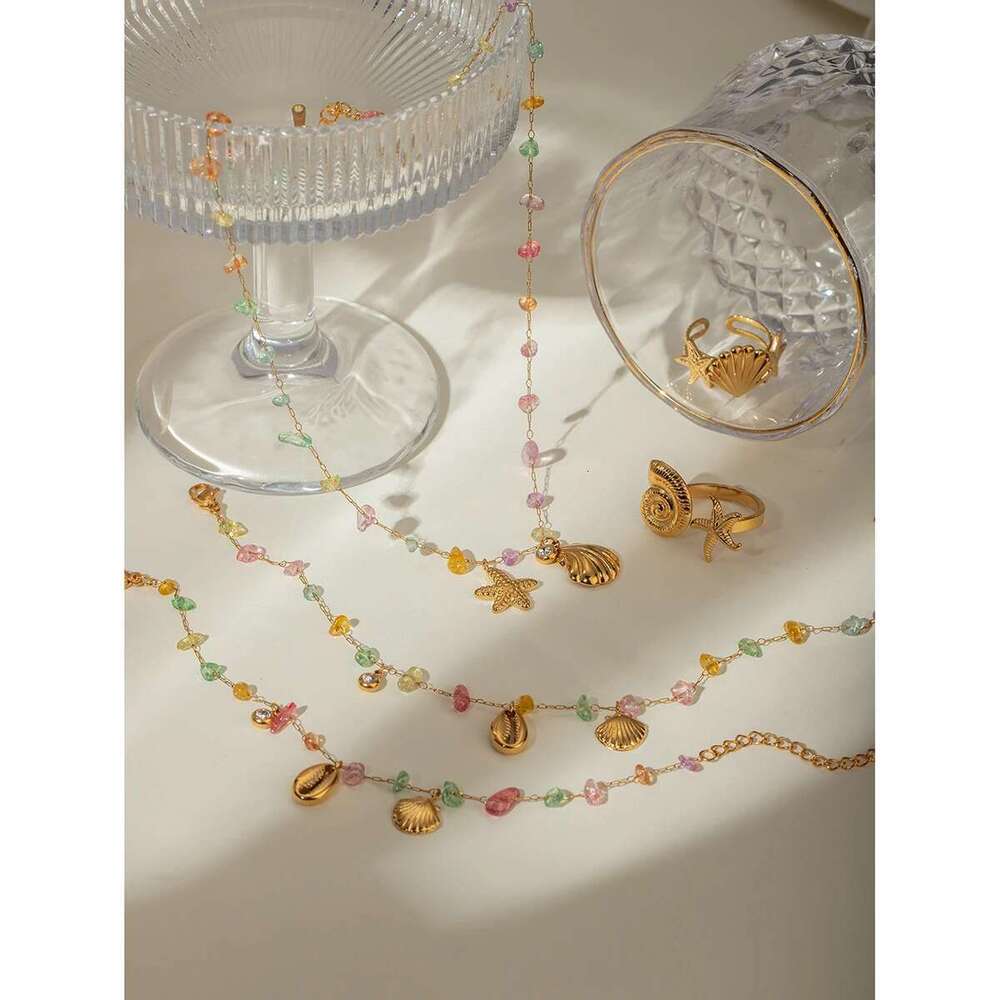 Gold Plated Stainless Steel Colored Crushed Stone Shell Starfish Rhinestone Necklace Anklet Bracelet Chain Beach Jewelry Set