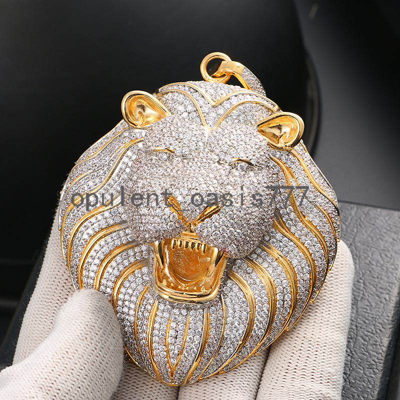 Hot Sale Luxury Big Lion Head Pendant moissanite moissaniteia Iced Out Hip Hop Sliver Gold Jewelry Charm Animal Pendant for Men