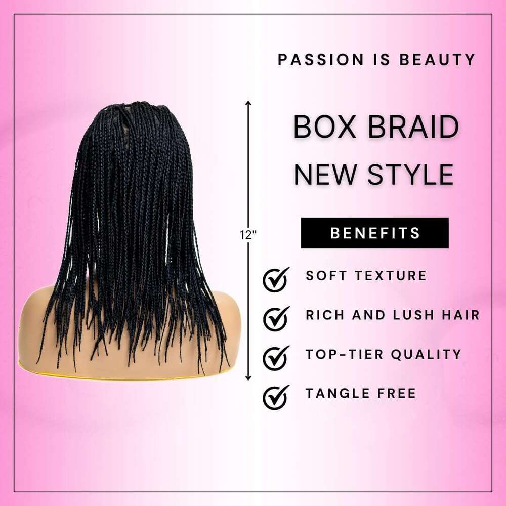 PIB 12'' Full Lace Knotless Braid Square Parted Braided Wig for Women Handmade Box Braids with Natural Baby Hair - Jet Black #1