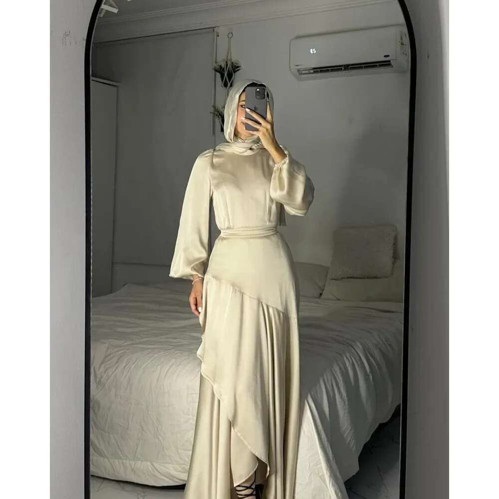 2025 New Fashion Muslim Women's Satin Solid Color Gown With Lace Hem And Belt Large Swing Cross-Border Fashionable Elegant Dress