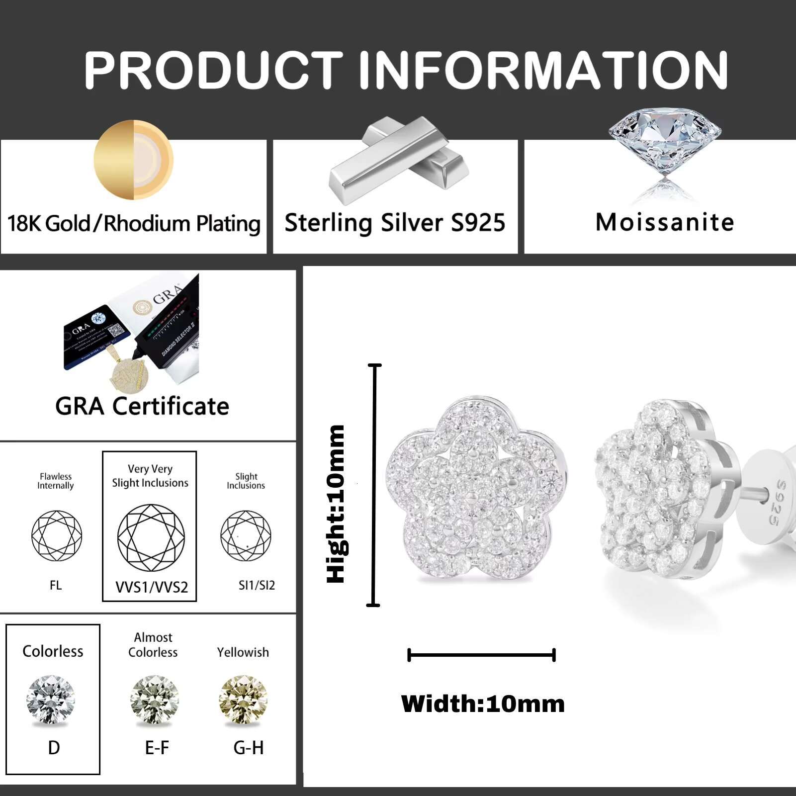 925 Sterling Silver Exquisite Flower Stud Earrings VVS D Moissanite With Gold Sparkling Jewelry for Gift