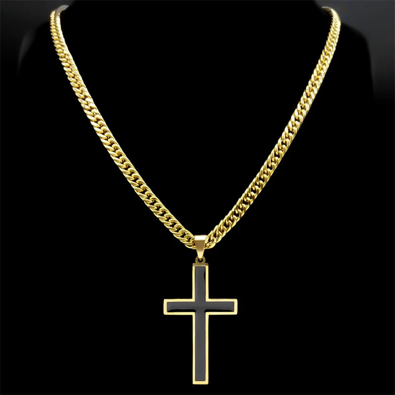 Punk Hip Hop Black Cross Pendant Necklace for Women Men Stainless Steel Gold Color Male Jesus Christ Chain Jewelry colar N8236S0 250428