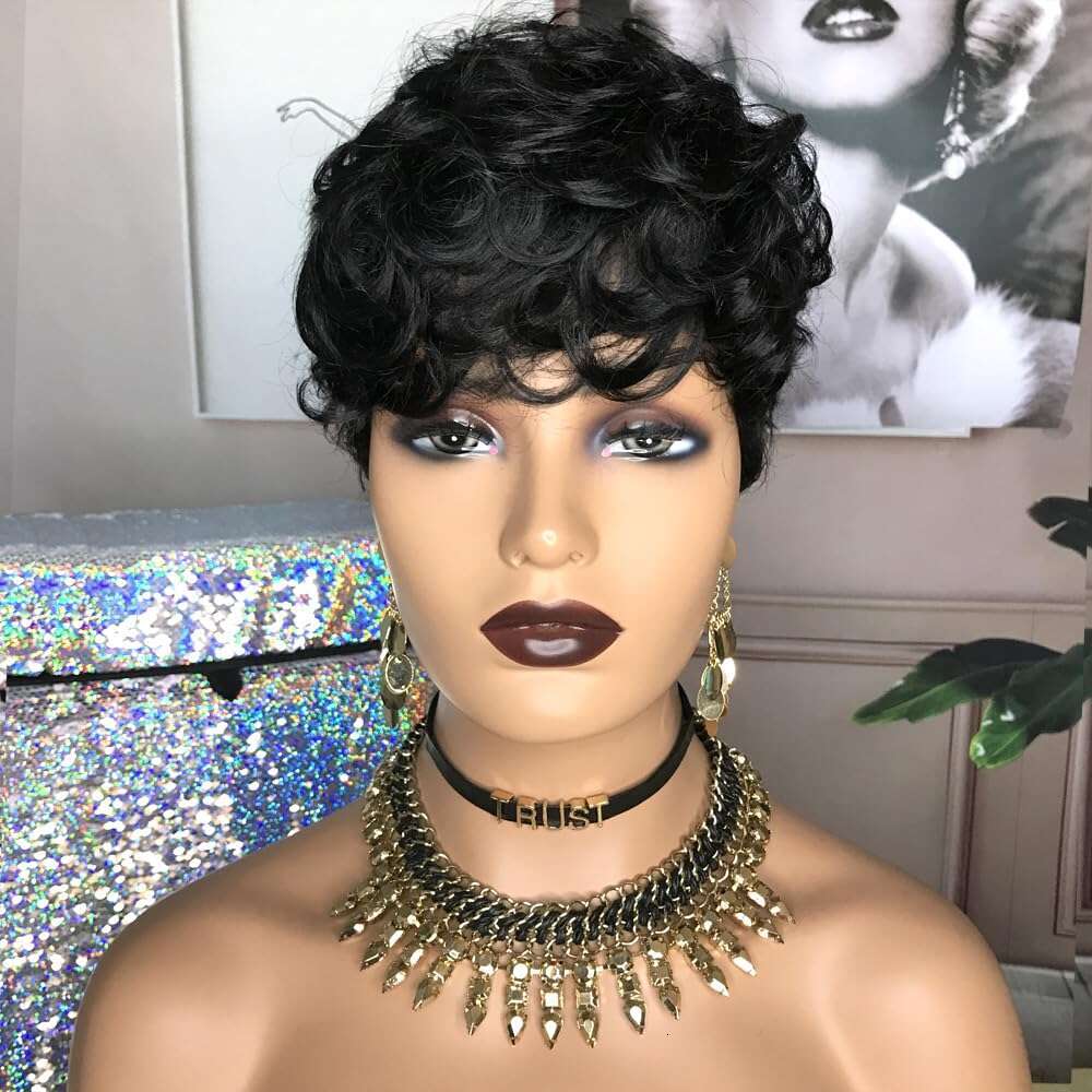 HOTKIS for Black Women Human Hair Pixie Cut Glueless Wig Short Wigs Natural Curly