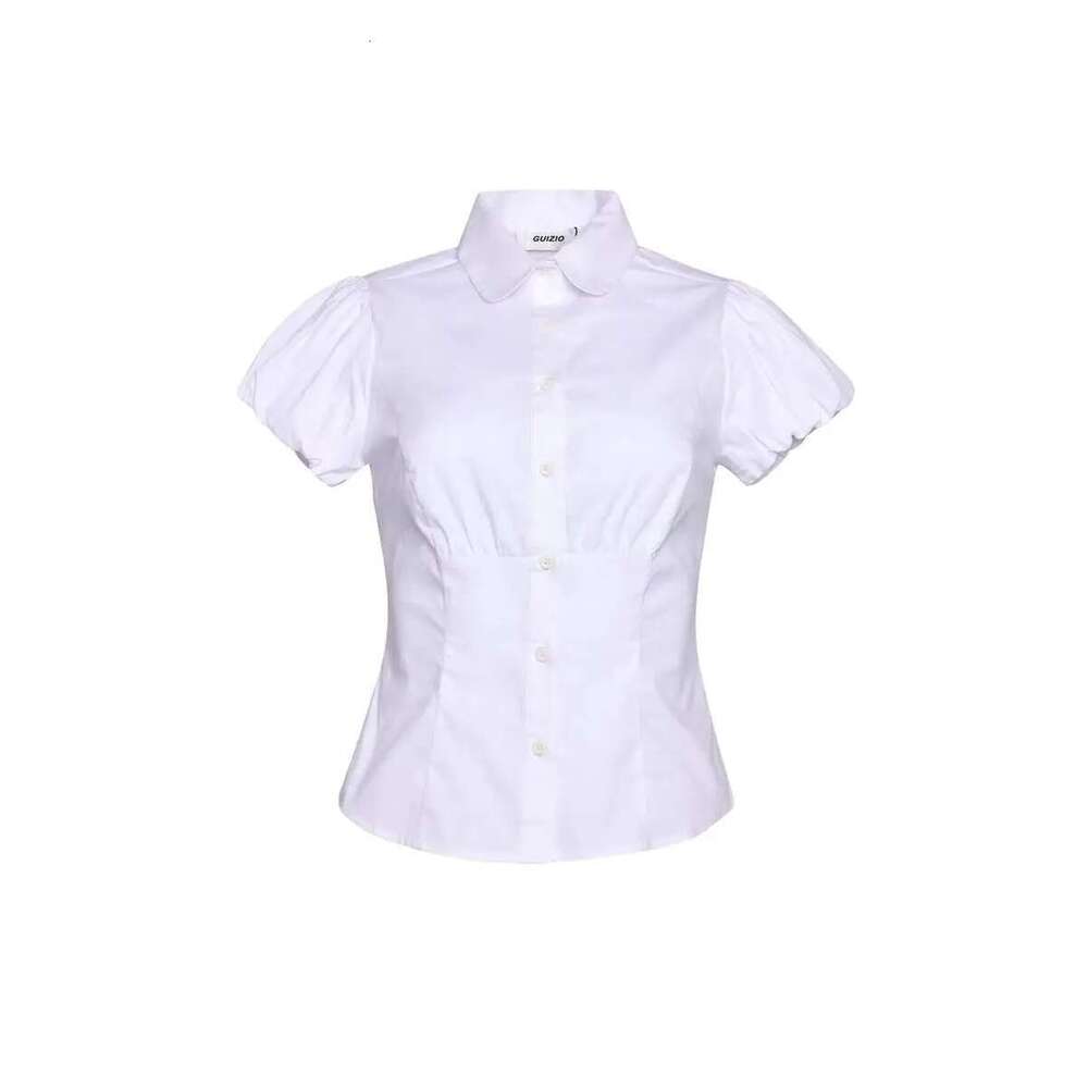 Guizio White Short Sleeved Shirt Cinched Waist And Bubble Sleeves, Designed With Bella Beer Girl's Retro Half Skirt