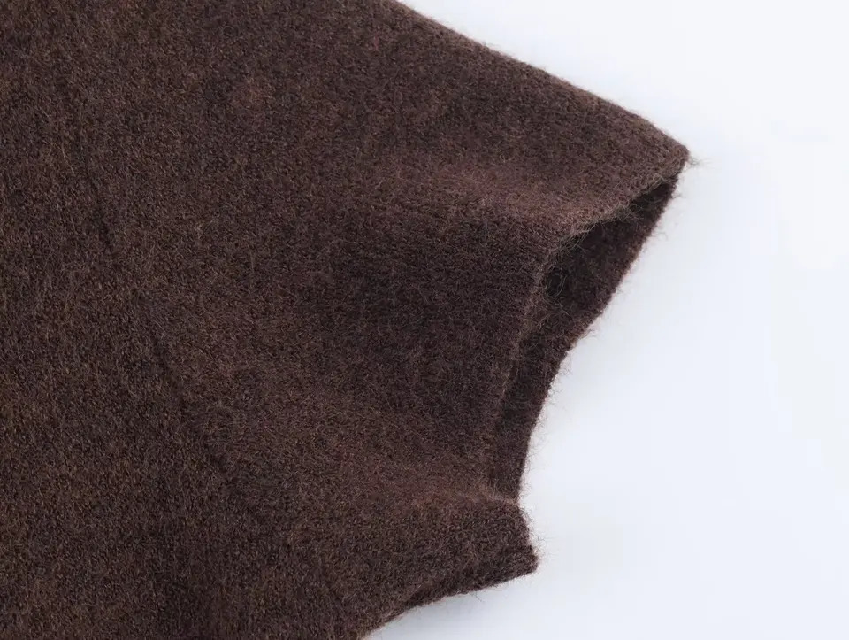 ETJ Womens collection Fashionable Maillard color faux fur patchwork hem round-neck short-sleeved knitted dress 251129