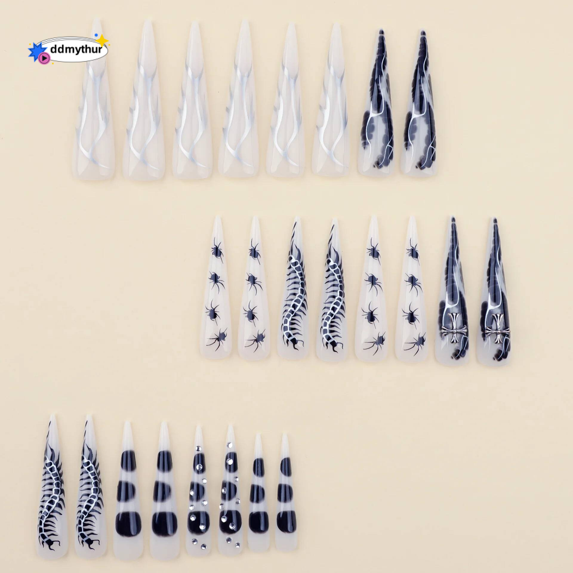 24pcs Spicy Girl Press on Y2k Sliver Flame Black Spider Long Pointed False Nails European Crocodile Pattern Fake Nail Tips ddmythur