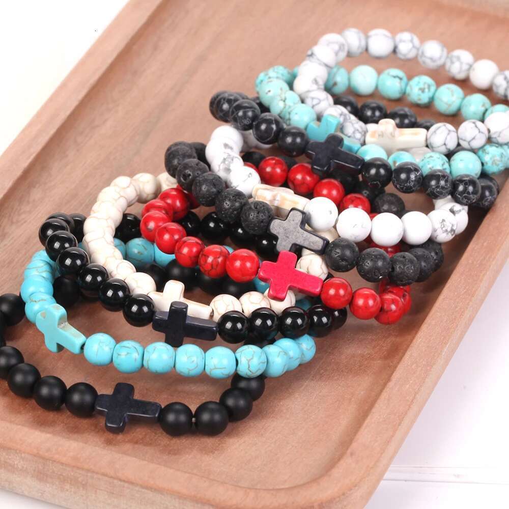 Hot Jesus Cross Bracelets For Women Men Multicolor Natural Turquoise Matte Black Lava Prayer Beads Bangles Handmade Jewelry Gift