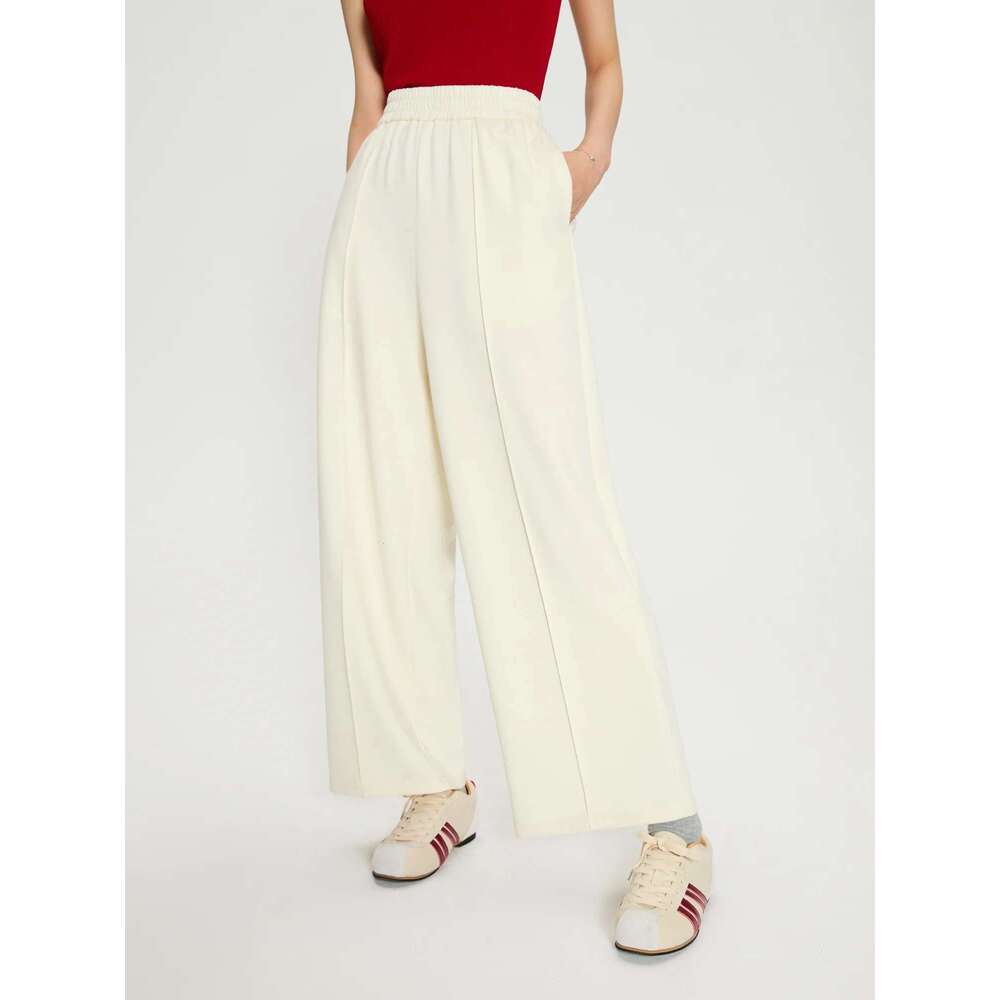 DUSHU Red Pant Casual Sport Style Female Autumn Thick Long Trousers Beige Elastic Waist Straight Pants For Women 24Ds83048
