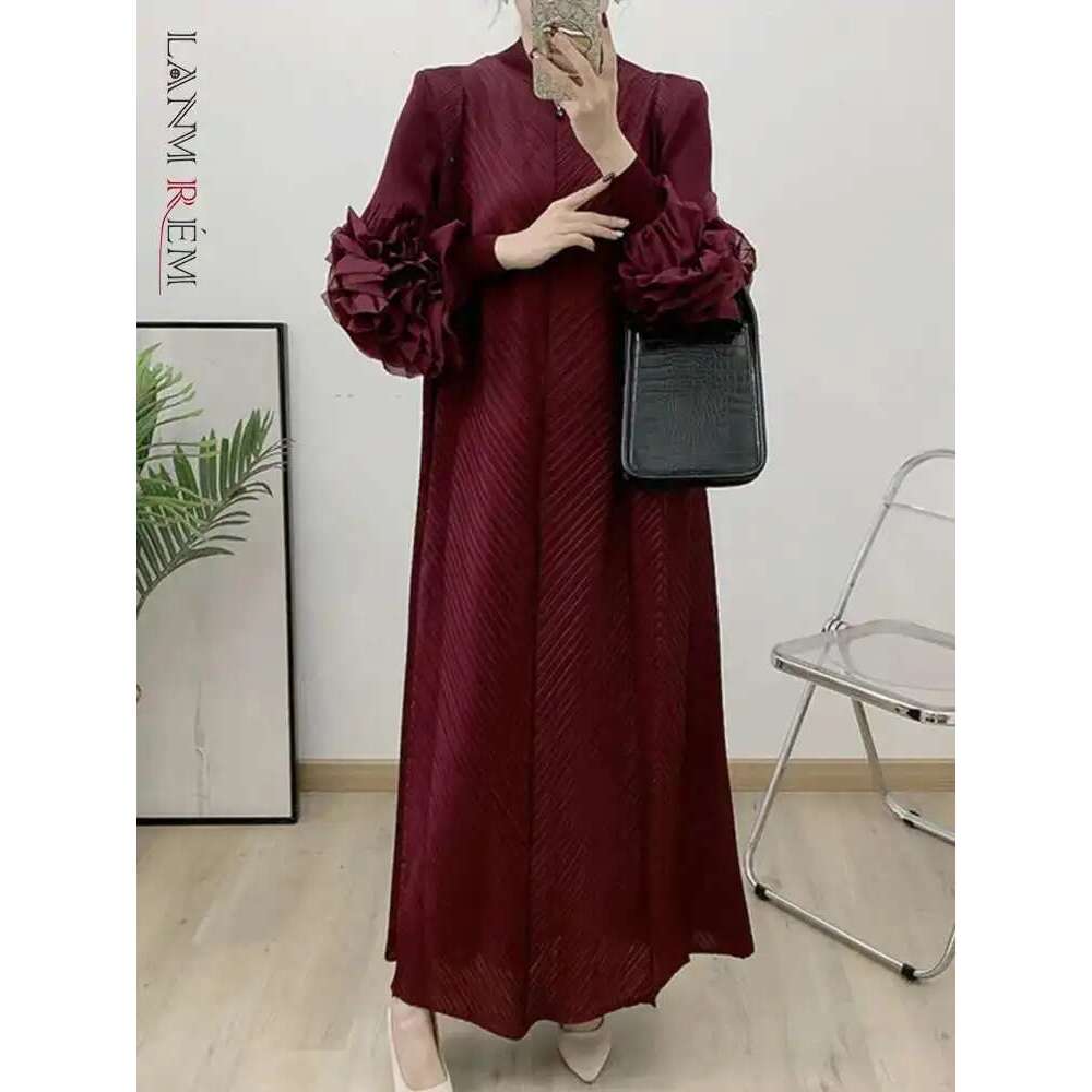 LANMREM Wine Red Pleated Dress For Women Flower Sleeves Female Evening Party Elegant Clothing Trendy New Ladies 2Db1827
