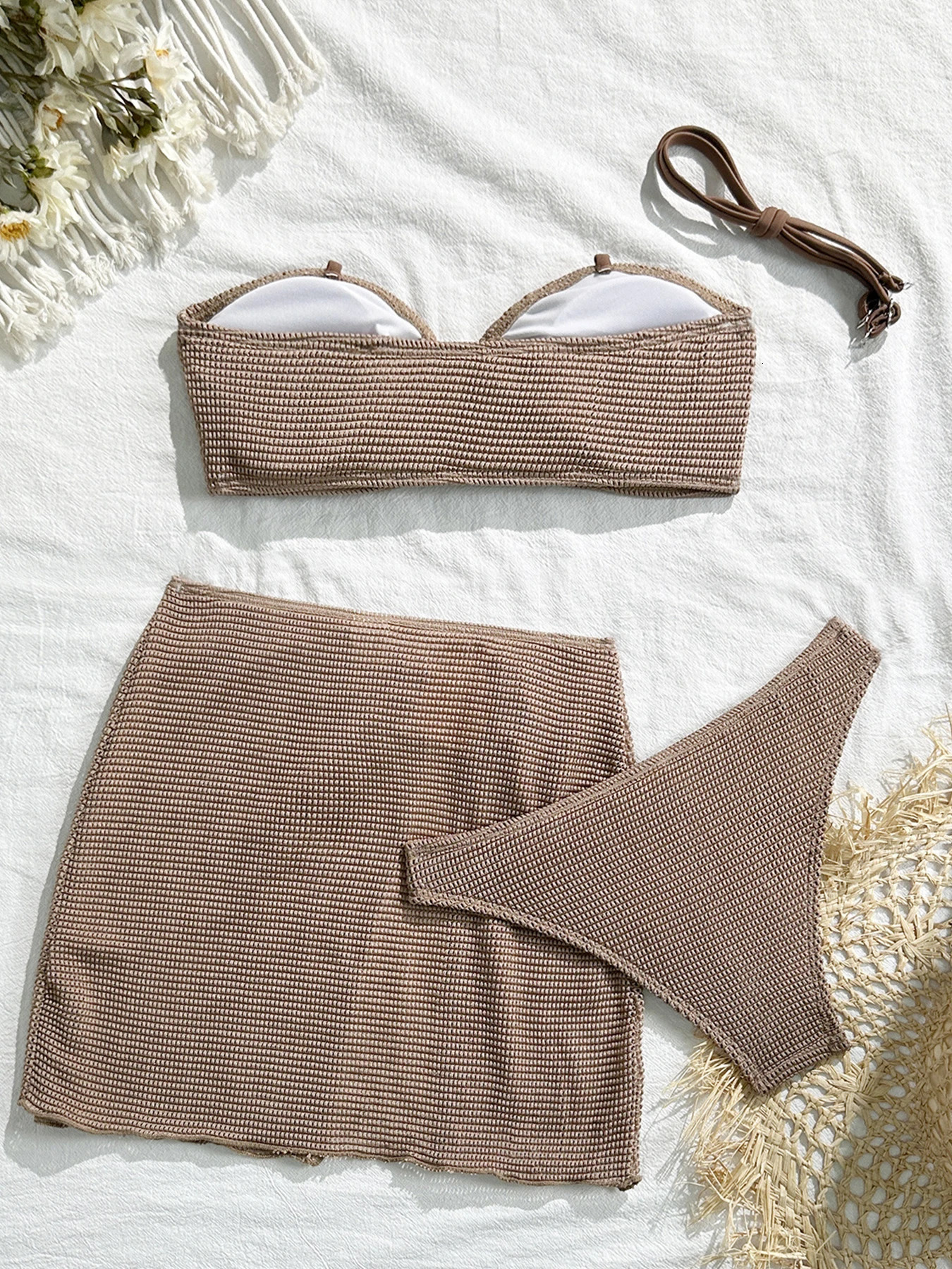 2025 Bandeau Three Pieces Bikini Sets Swimsuit For Women Sexy Mesh Crochet Swimwear And Short Skirt Bathing Suit Beachwear 250428