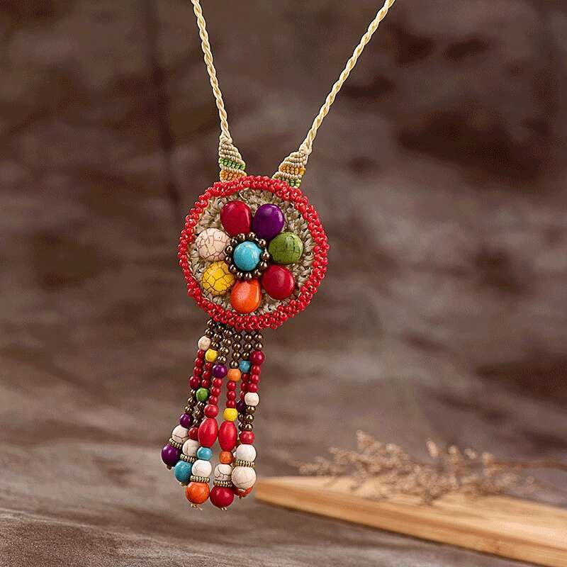 2022 New Ethnic Style Wax Thread Hand-Woven Women's Sweater Chain Fashion Turquoise Gravel Hanging Spike Long Necklace Jewelry
