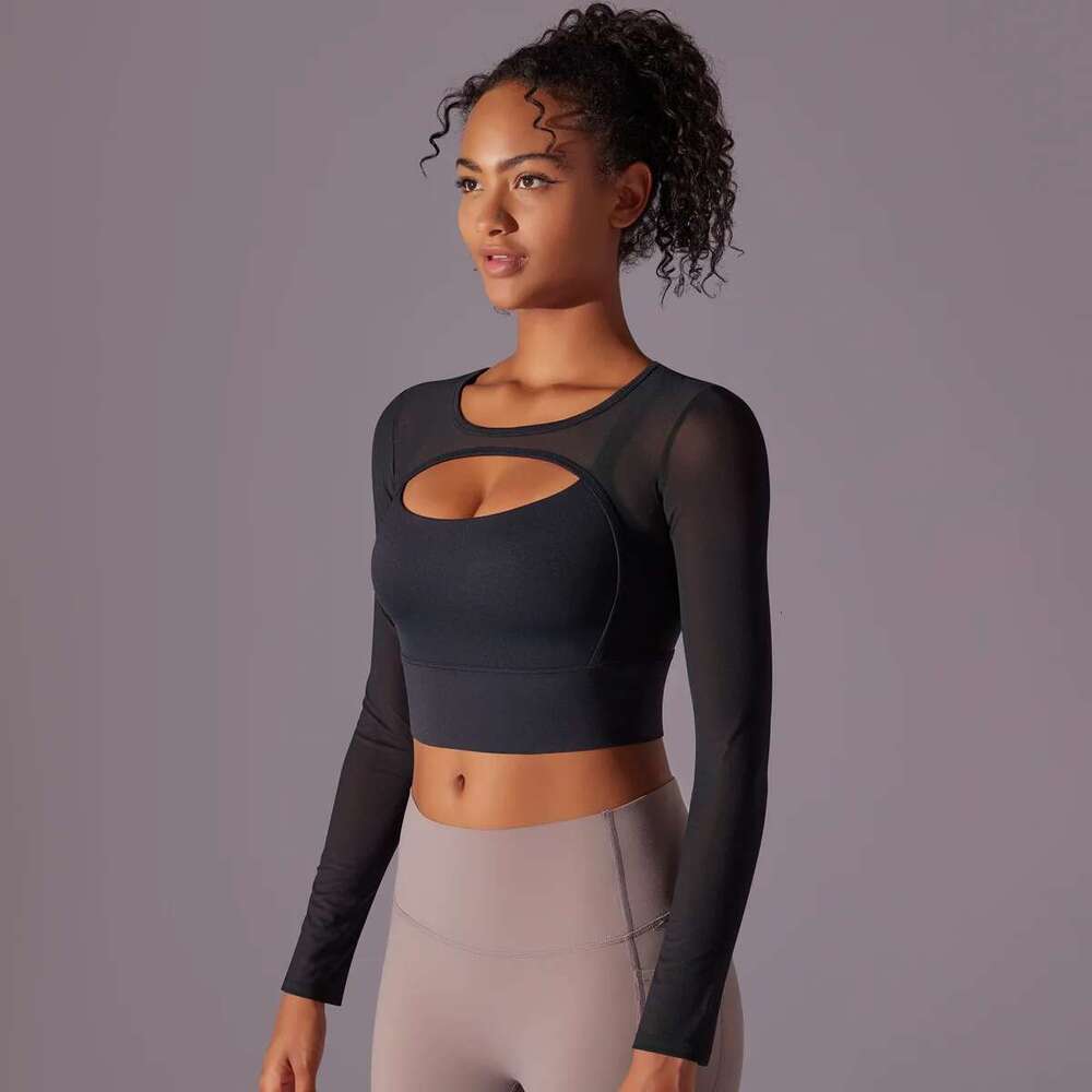 Women Padded Long Sleeve Crop Tops Running Shirts Workout Gym Top Sports Sexy Mesh Yoga Shirt