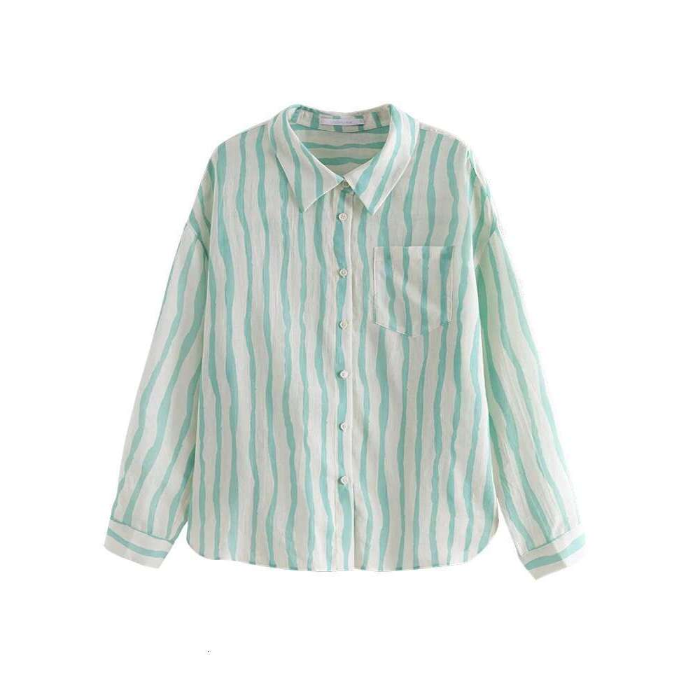 DUSHU Summer Thin Long Stripe Green Blouse Drop Sleeve Straight Pink Srtipe Lyocell 54.5% Ramie 45.5% Shirts 24Ds82685