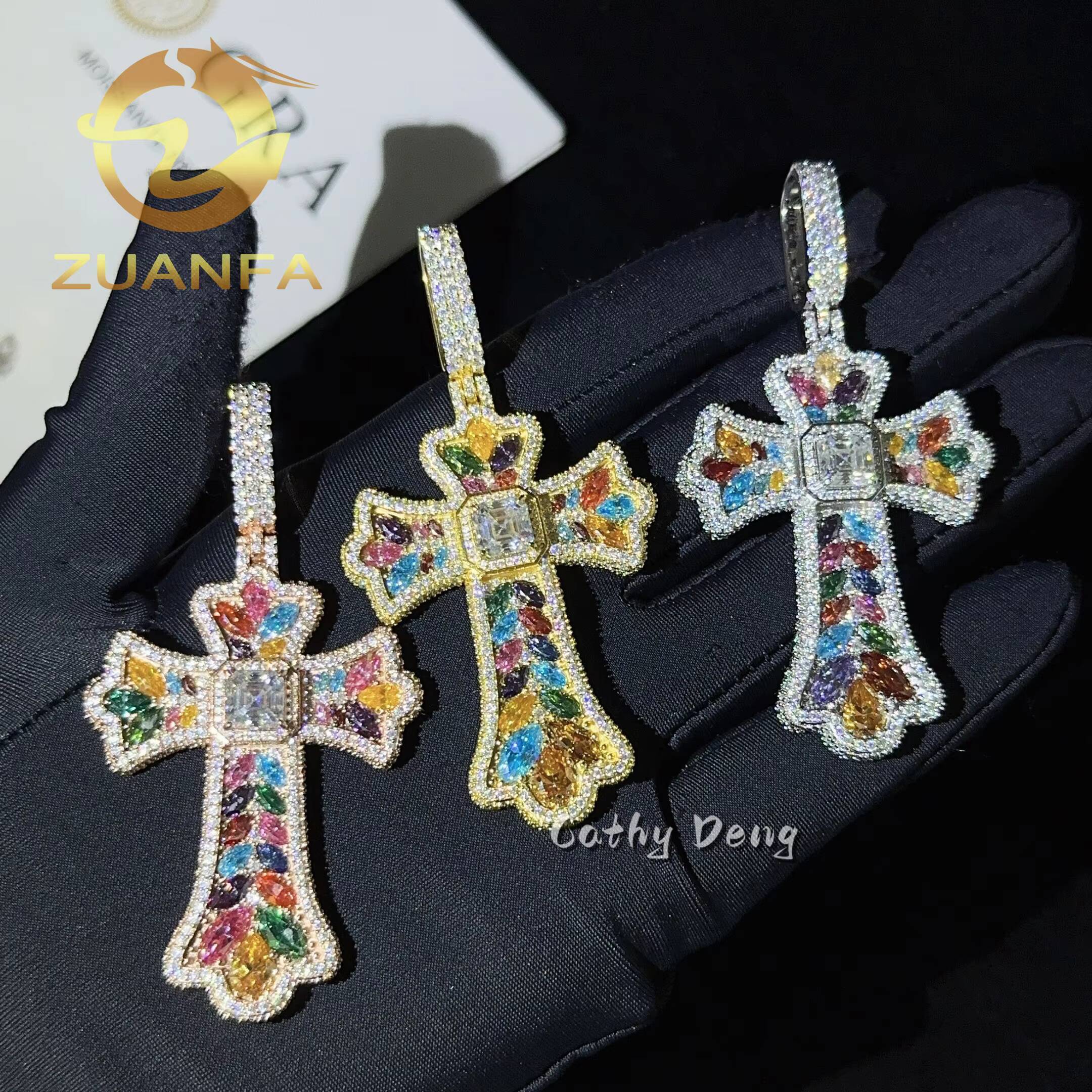 Read to Ship Hip Hop Jewelry Cross Pendant Muti Color Moissanite 925 Silver Iced Out Cross Pendant Pass Diamond Tester