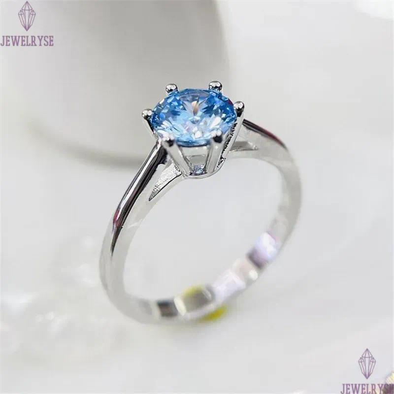 Classical Six Claw Fine Jewelry Real 925 Sterling Silver Round Cut Aquamarine Solitaire CZ Diamond Eternity Women Wedding Engagement Band Ring For Lov