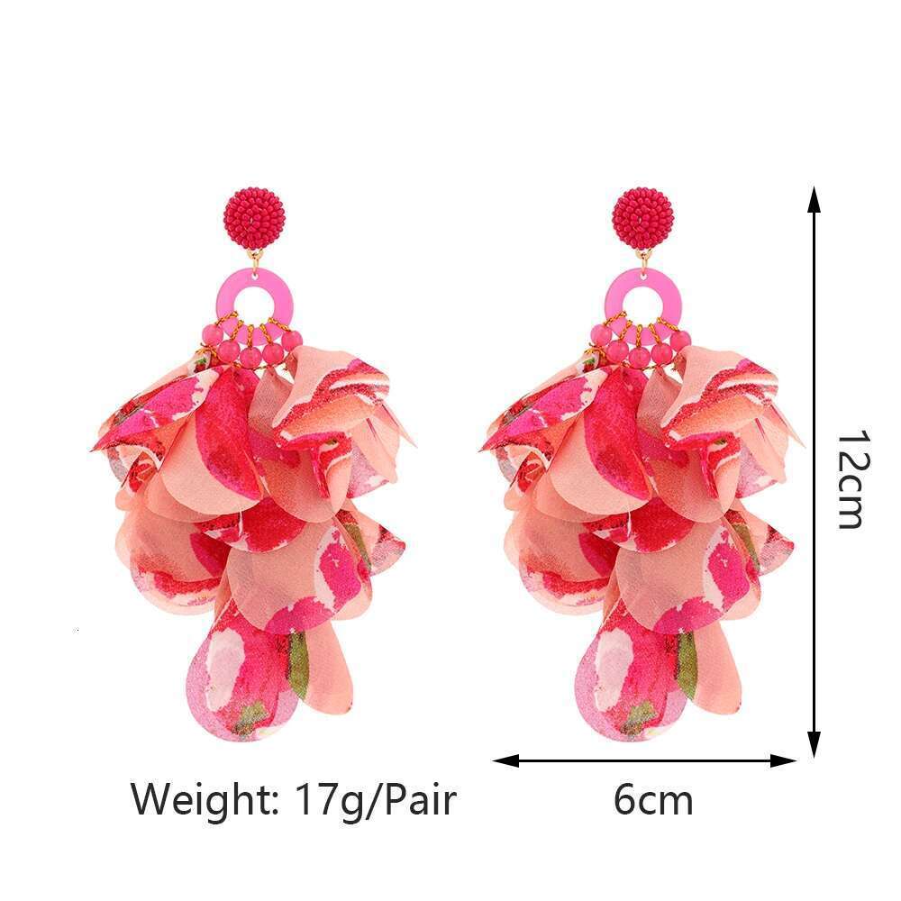 Boho Printed Fabric Flower Petal Decor Dangle Earrings For Women Elegant Handmade Bead Tassel Exaggerated Pendant Jewelry