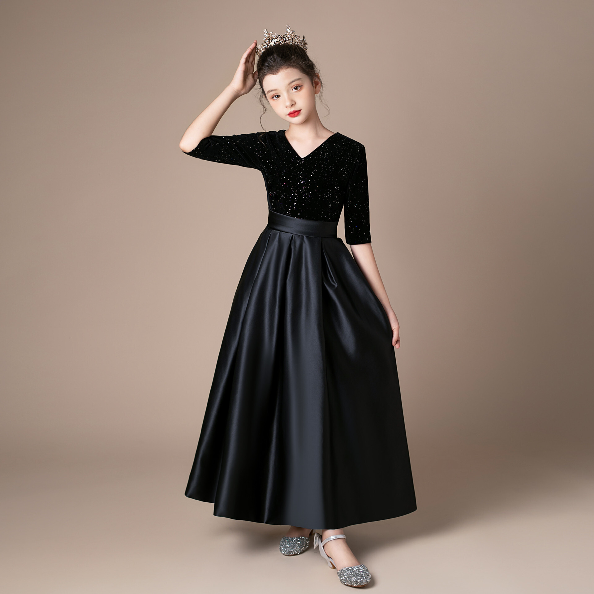 Velvet long sleeved performance costume for black girls, piano, violin, host, orchestra, chorus, girls' formal dress