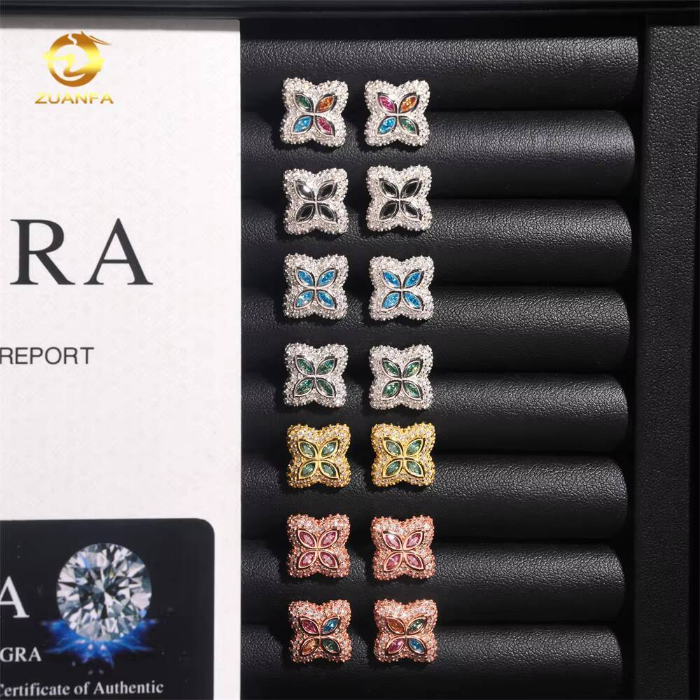 Ready to Ship 15mm Color Moissanite Flower Stud Earrings 925 Silver Hip Hop Earrings Iced Out Earrings Pass Diamond Test