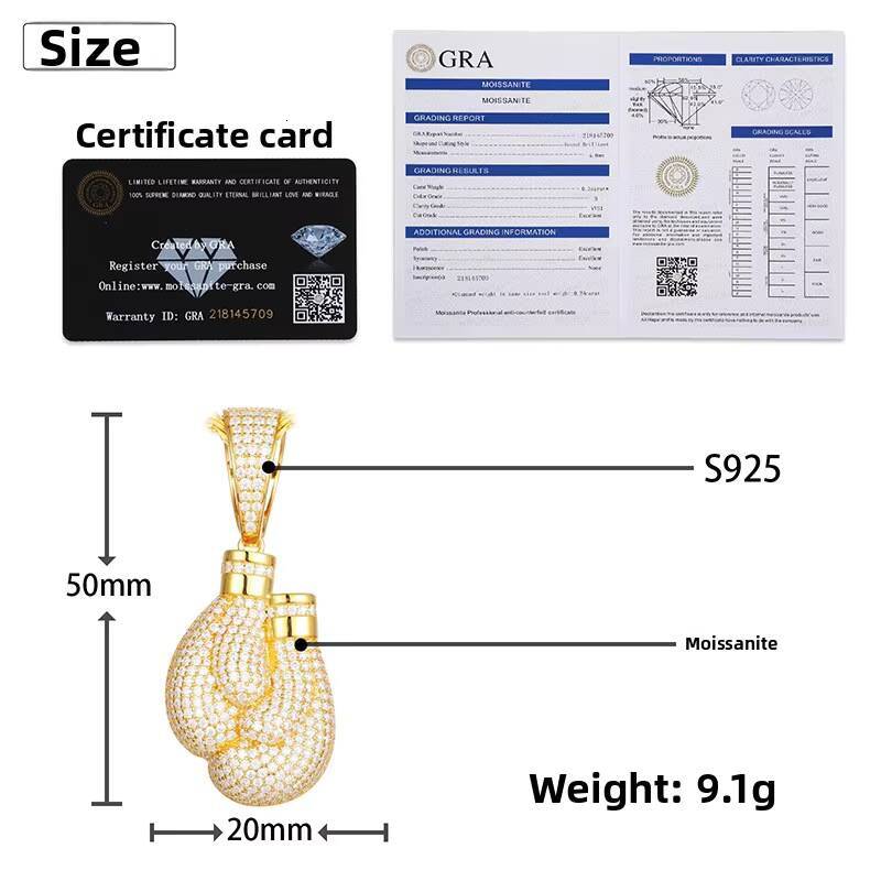 Moissanite Jeweler Wholesale 925 Sterling Silver VVS Moissanite Diamond Classic 3D Iced Mitts Pendant GRA Certificate Gold