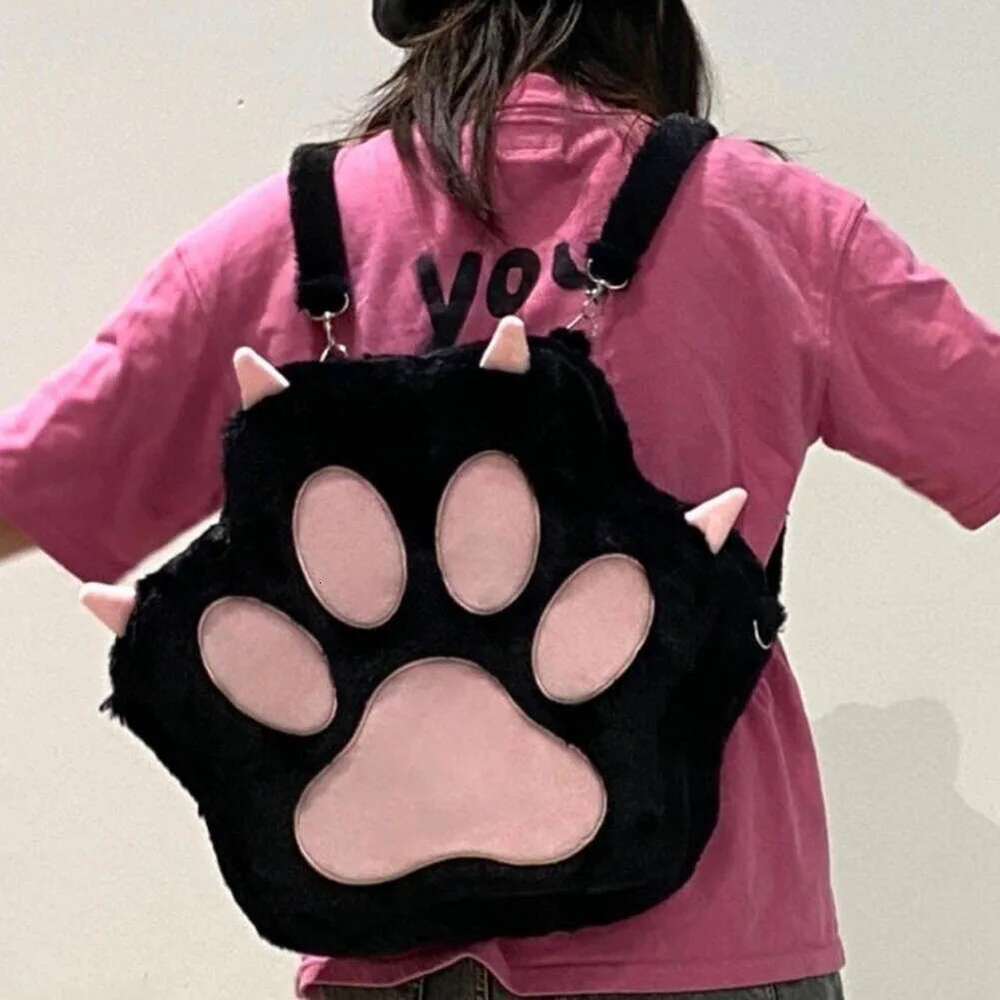 Cute Cat Paw Plush With Adjustable Straps Soft Furry Purse JK Bag Cartoon Backpack For Women Girls