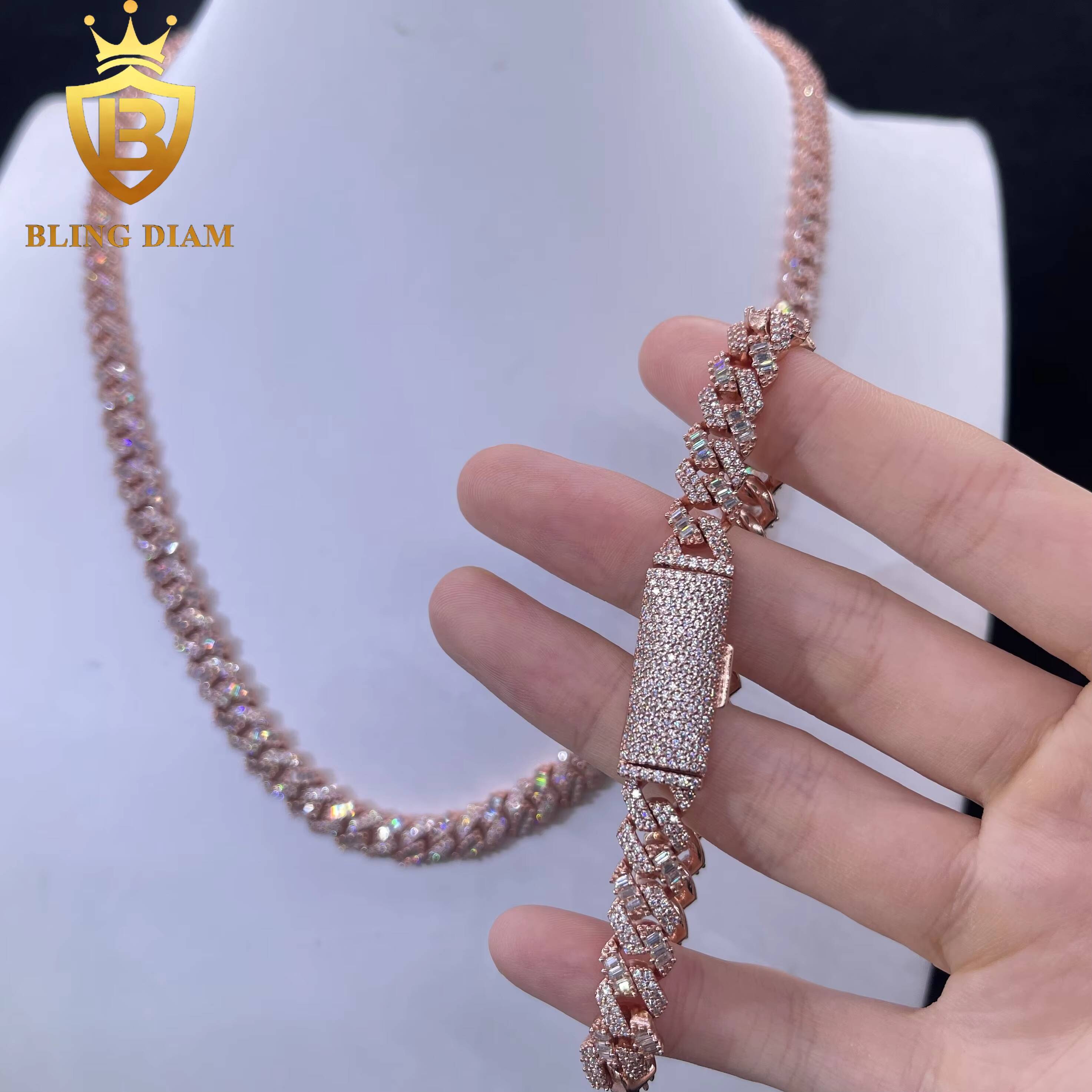 8mm Hip Hop Miami Rose Gold Cuban Link Chain Baguette Moissanite Iced Out 925 Sterling Silver Necklace Bracelet Set for Men