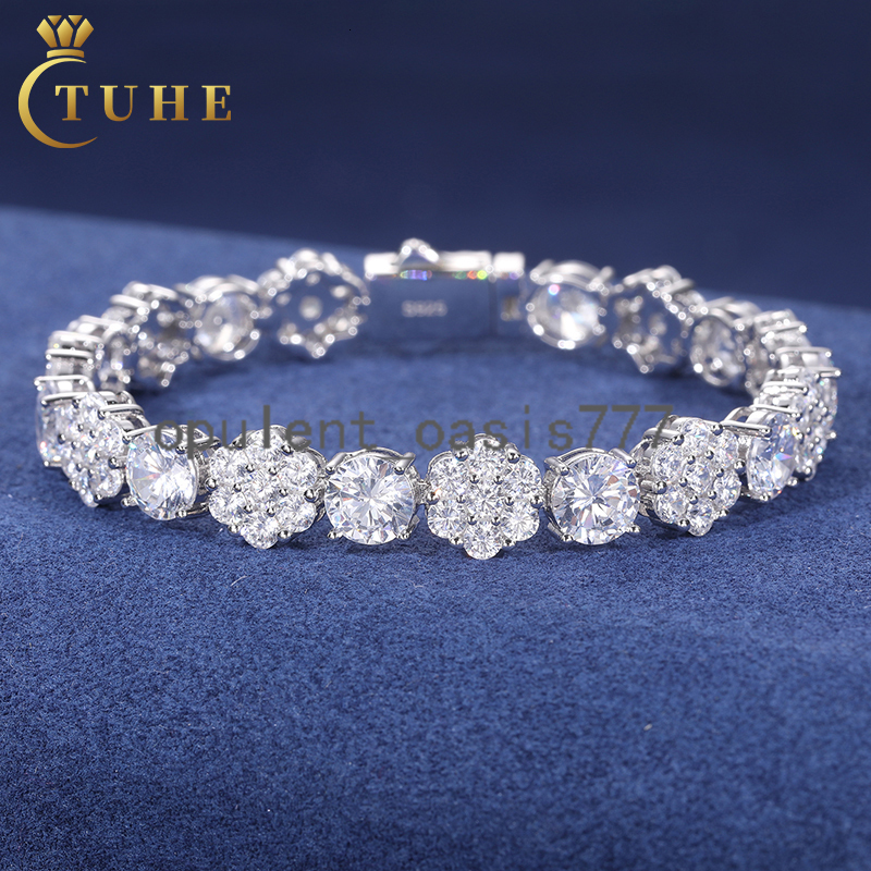 Certified 10mm 925 Sterling Silver Diamond Cluster Flower Design Iced Out Vvs Moissanite Link Chain Bracelet