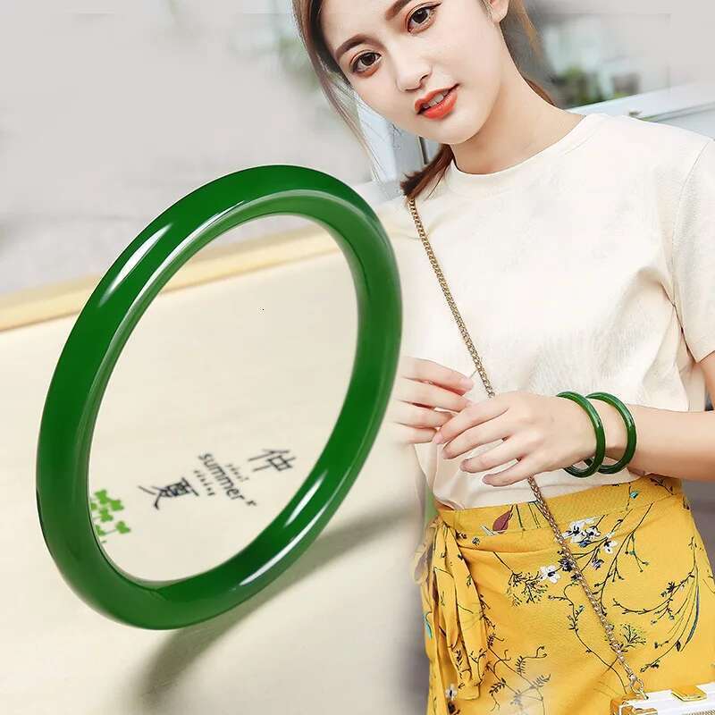 Natural Chinese Green Jasper Hand-Carved Fashion Jewelry Spinach Thin Round Nephrite Jade Bracelet For Girls And Mother
