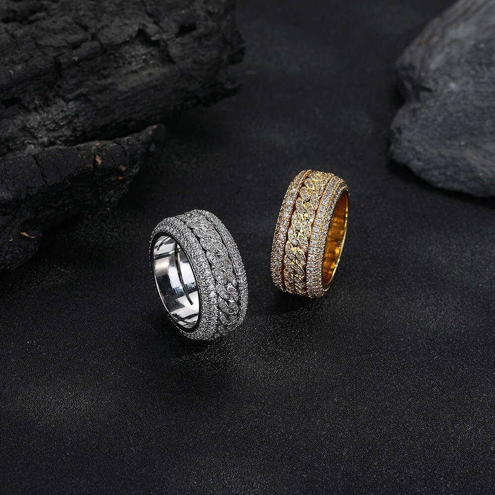 Trendy Electroplated Full Zirconia Rotatable Cuban Ring Hip Hop Geometric Unisex 2025 Summer Accessories