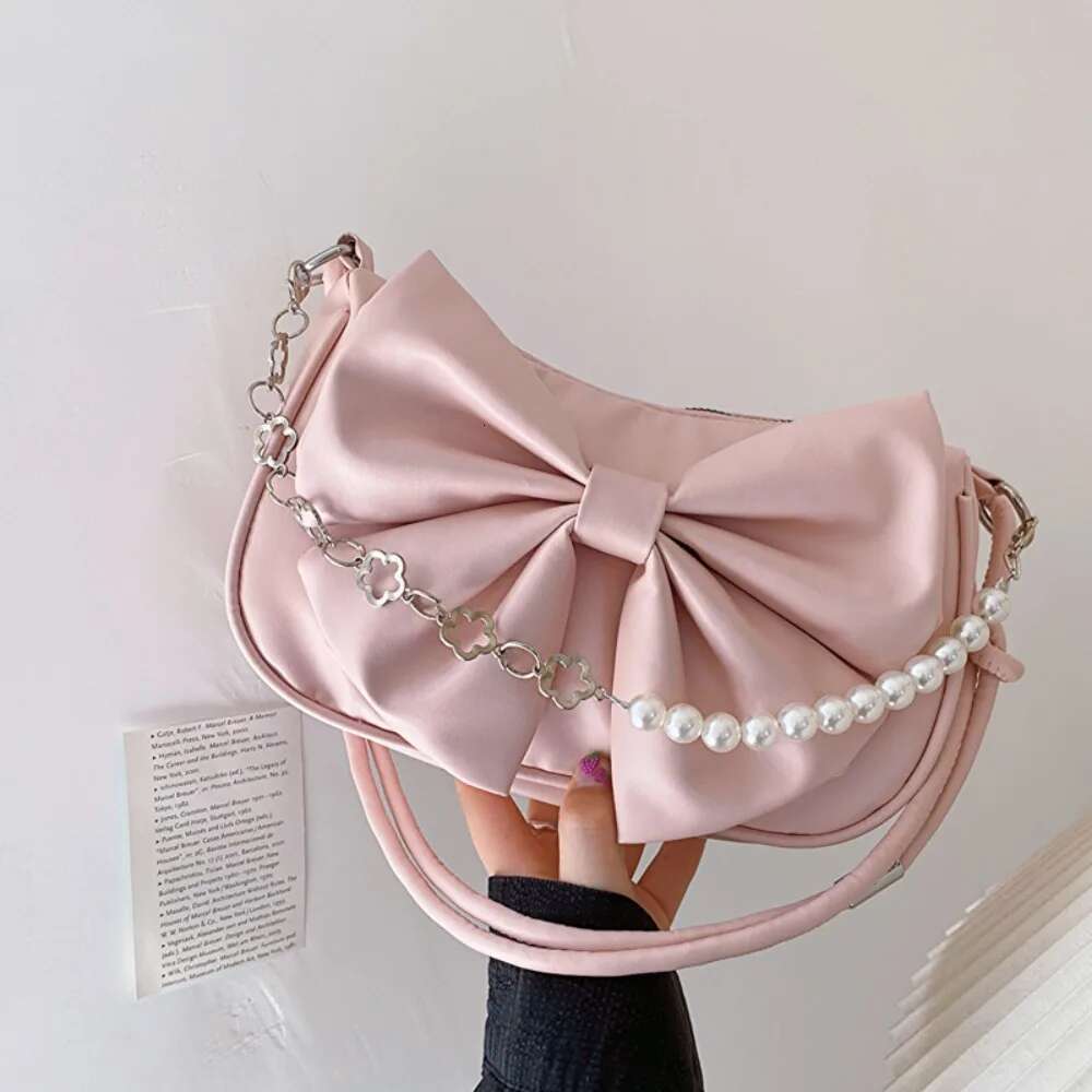 Trendy Pearl Bow Shoulder Underarm Daily Commuting Casual Handbag Solid Business Women S Bag Bag