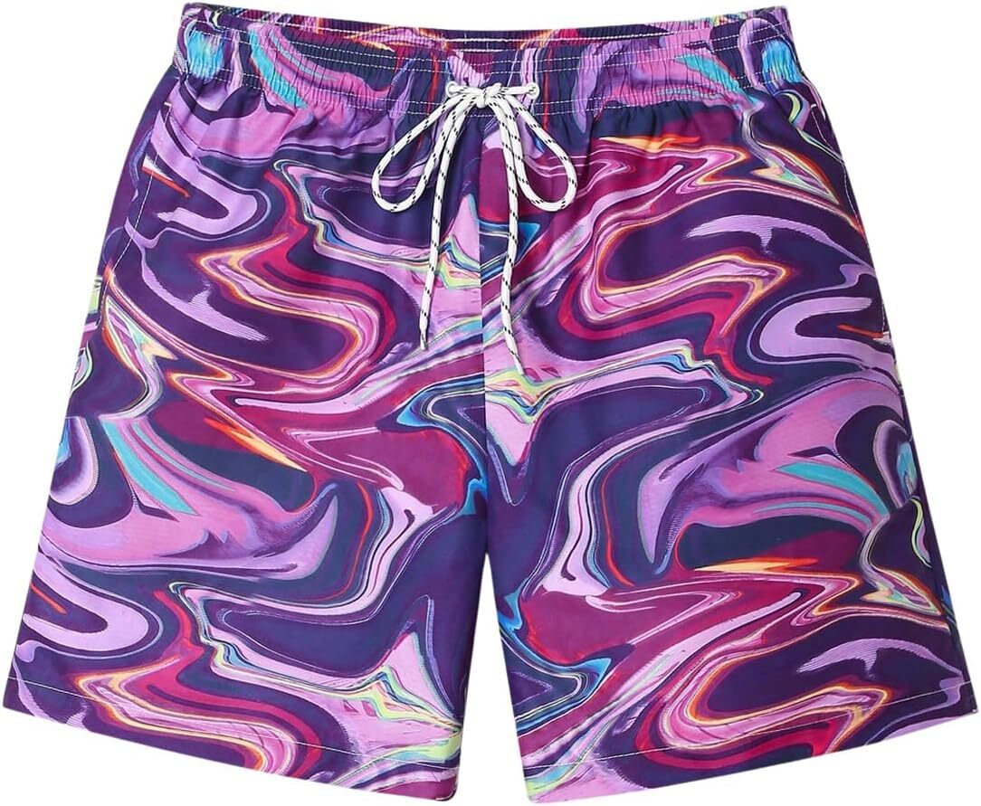 Men's Marble Print Drawstring Waist Beach Board Shorts Swim Trunks with Pocket Swimwear