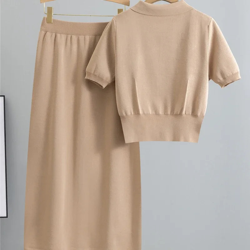 Heliar womens solid short sleeved knitted cardigan and elegant skirt twopiece set fashionable casual button summer 250530