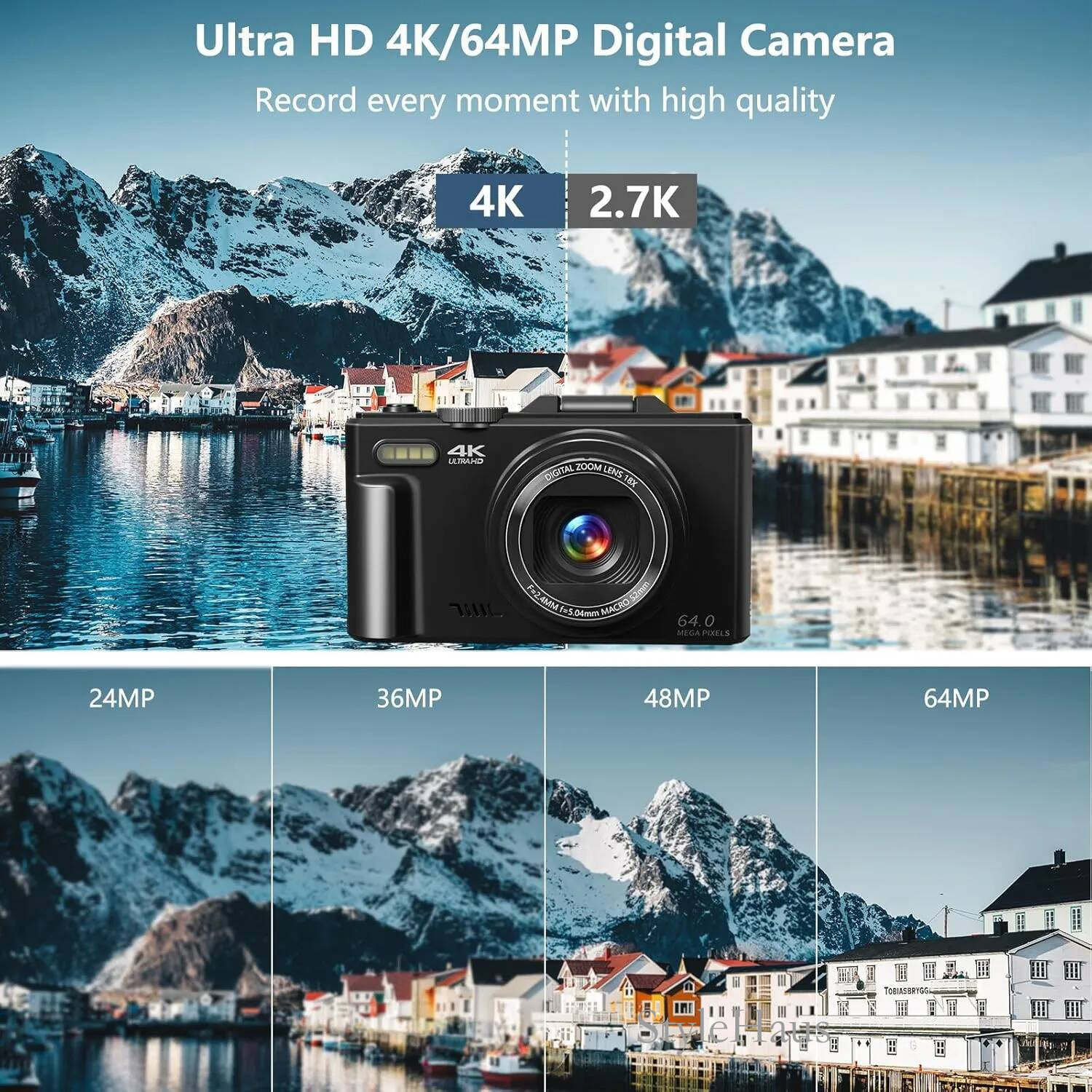 4K Digital Camera for Photography Vlogging 18X Zoom 64MP 3 Flip Screen WiFi Selfie SLR DSLR