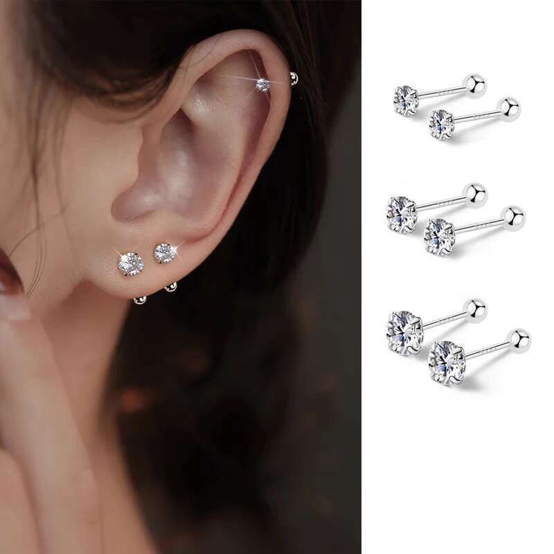 1Pair Sterling Sier Bead Screw Stud Earrings For Women Men Simple 3-6Mm Round Cubic Zirconia Ear Body Piercing Jewelry