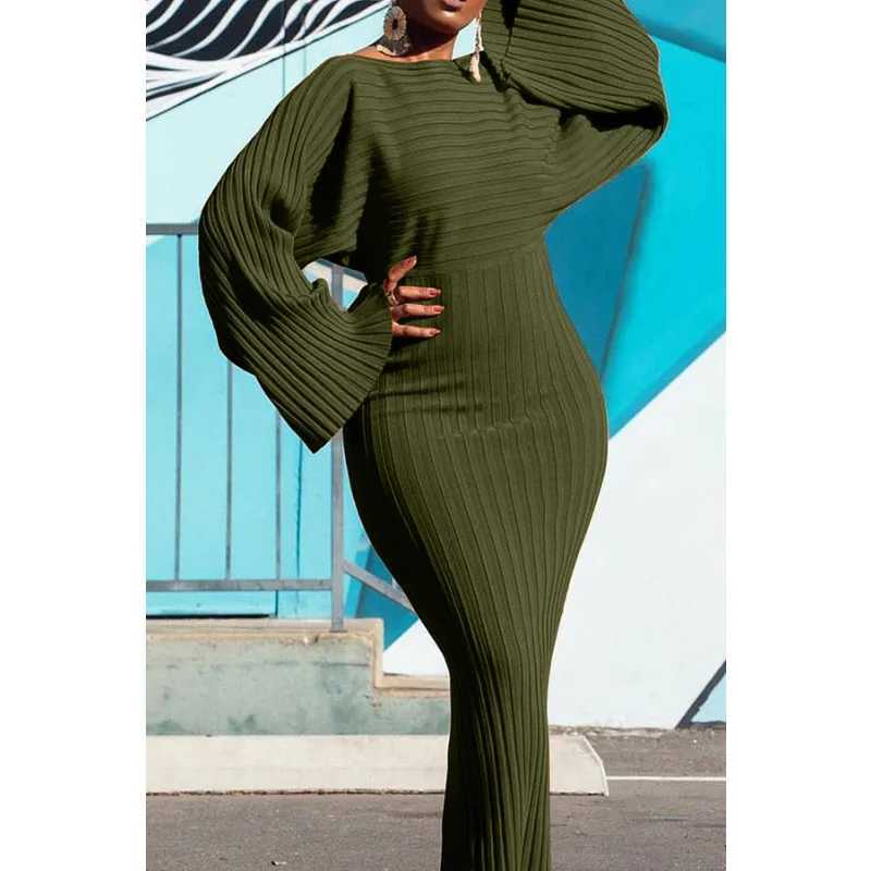 Knitted dress womens fashionable O-neck long sleeved Bodycon Midi dress womens elegant loose dress W250430