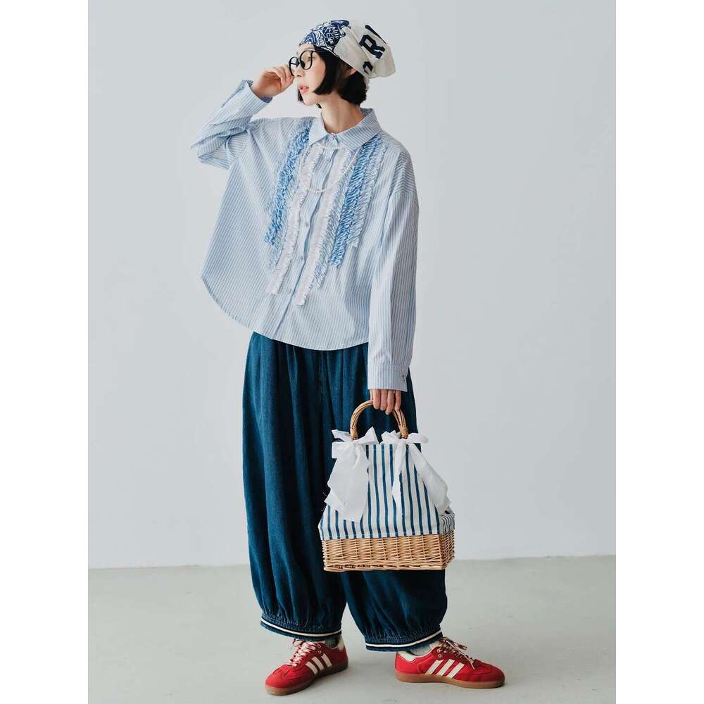 IMAKOKONI Original Design Lapel Long Sleeved Lace Patchwork Blue Striped Shirt For Women 244738
