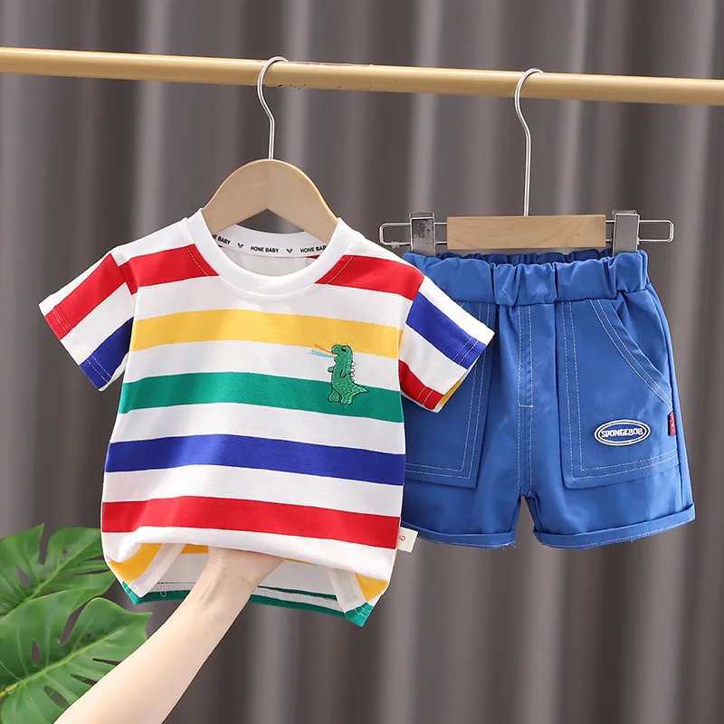 Summer Cute Cartoon Dinosaur Fashion Childrens O-neck T-shirt+Shorts+Bag Preschool Baby Boy and Girl Clothing Set New Childrens Track and Field Clothi