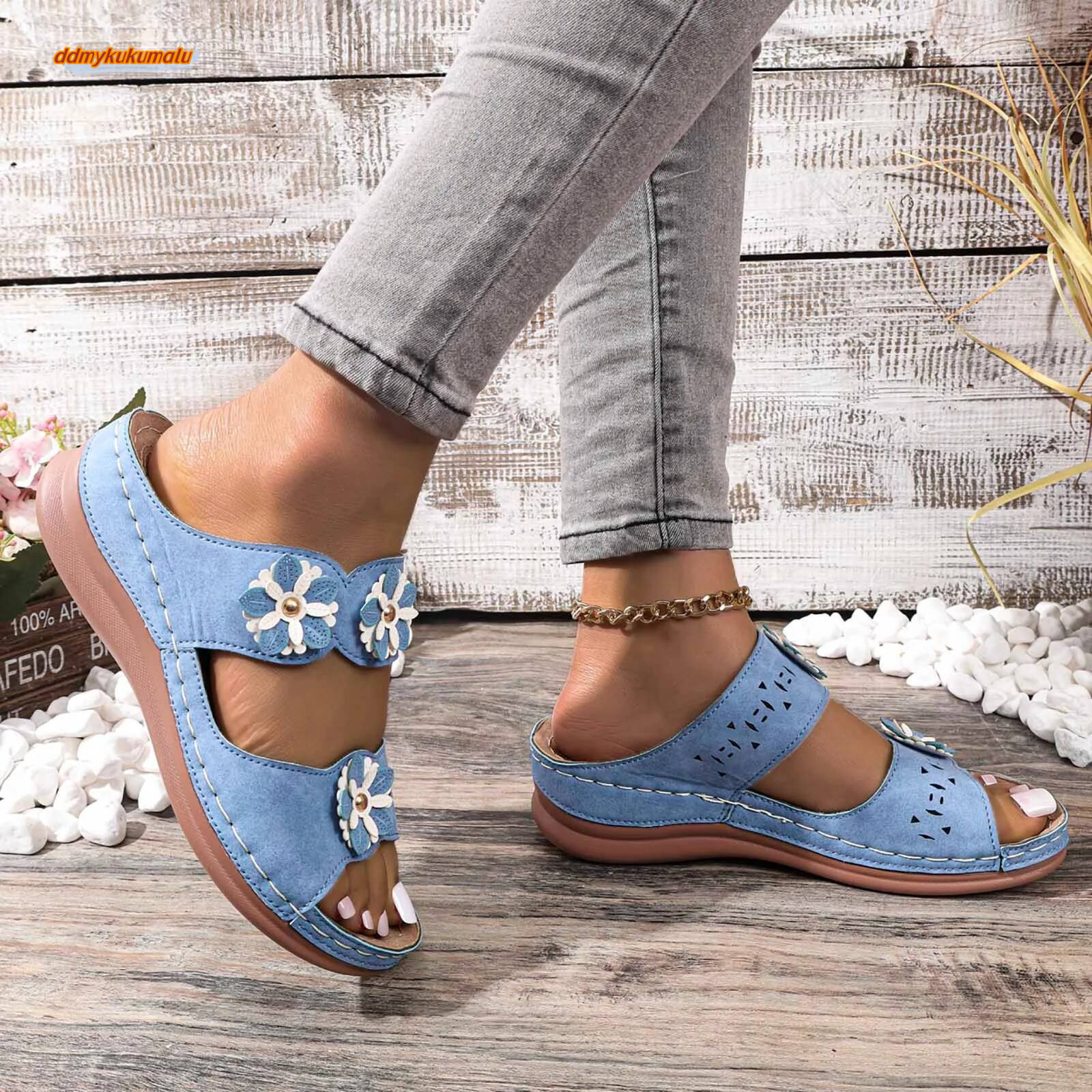 2024 New Women's Summer Open Toe Sandals Casual Slip On Hollow Breathable Sandlas Elegant Floral Beach Flip-Flops for Women ddmykukumalu