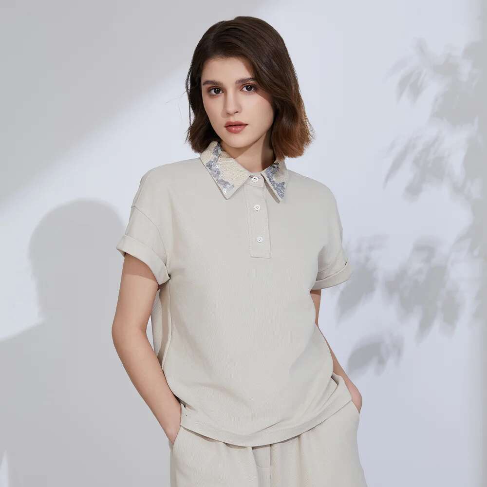 K2374l Cotton Summer Short Sleeved T-Shirt Ladies Clothes Women's Clothing Shirt Collar
