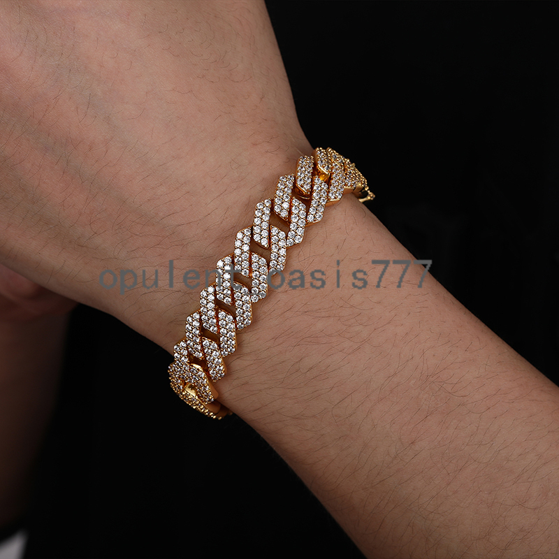 New Arrival Bileklik Hip Hop Jewelry Fashion Anklet 15mm Gold Plated Copper 2 Rows moissanite Stone Miami Cuban Link Chain Bracelet