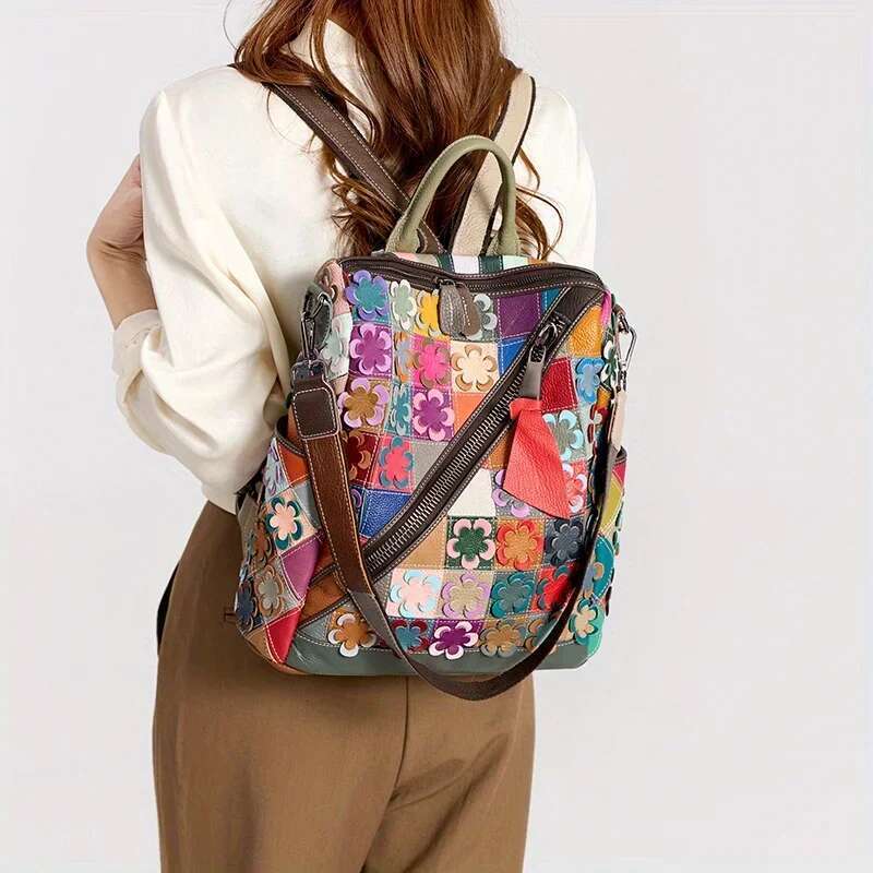 2025 New Spring Genuine Color Splicing Retro Women's Head Layer Leather Travel Backpack